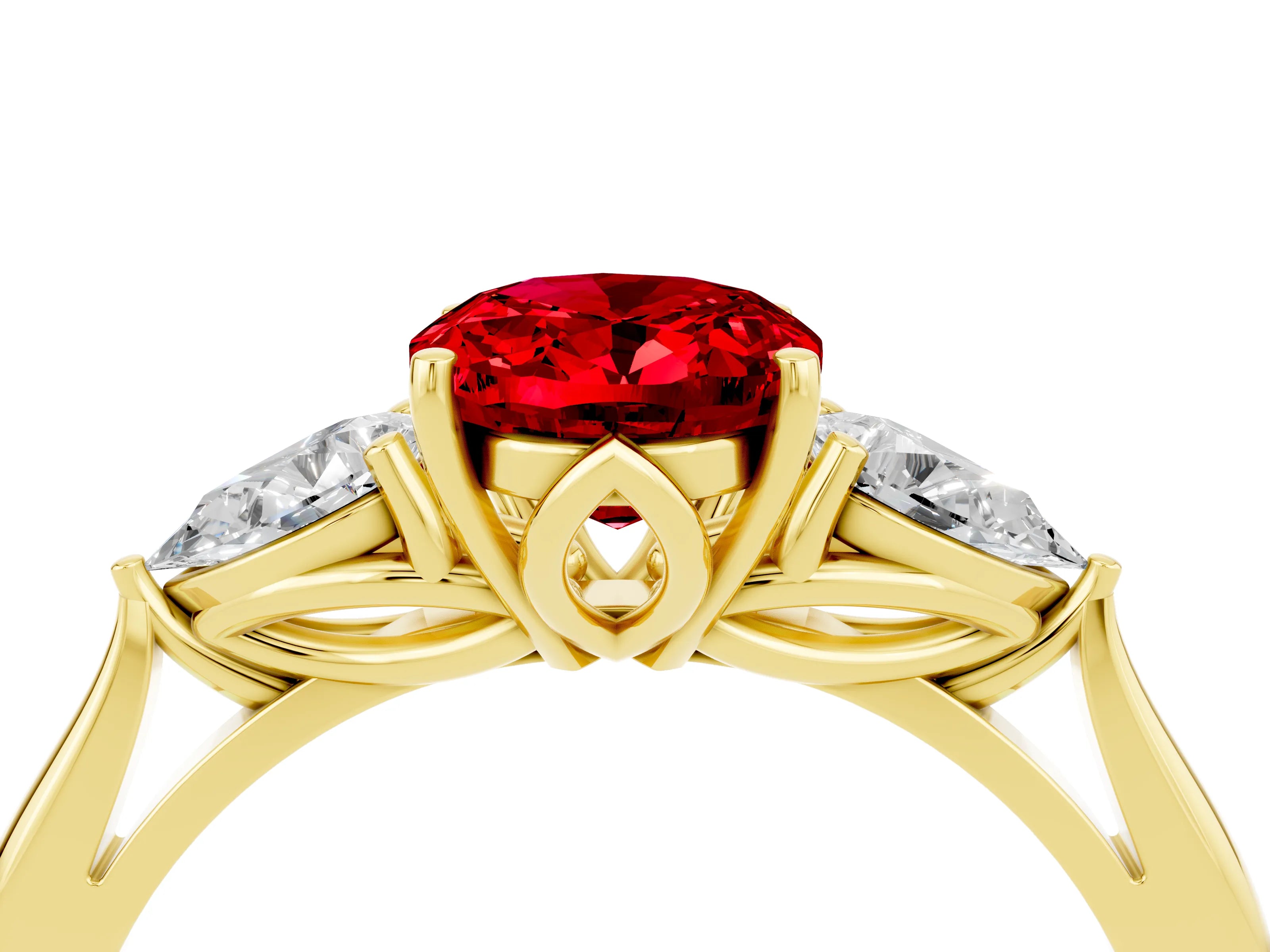 Yellow gold Oval Cut Ruby Three-Stone Ring with Pear Side Stones and Four-Prong Setting_39