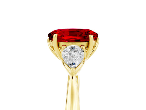 Yellow gold Oval Cut Ruby Three-Stone Ring with Pear Side Stones and Four-Prong Setting_40