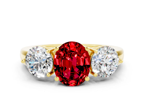 Yellow gold Oval Cut Ruby Three-Stone Ring with Prong Setting and Classic Band