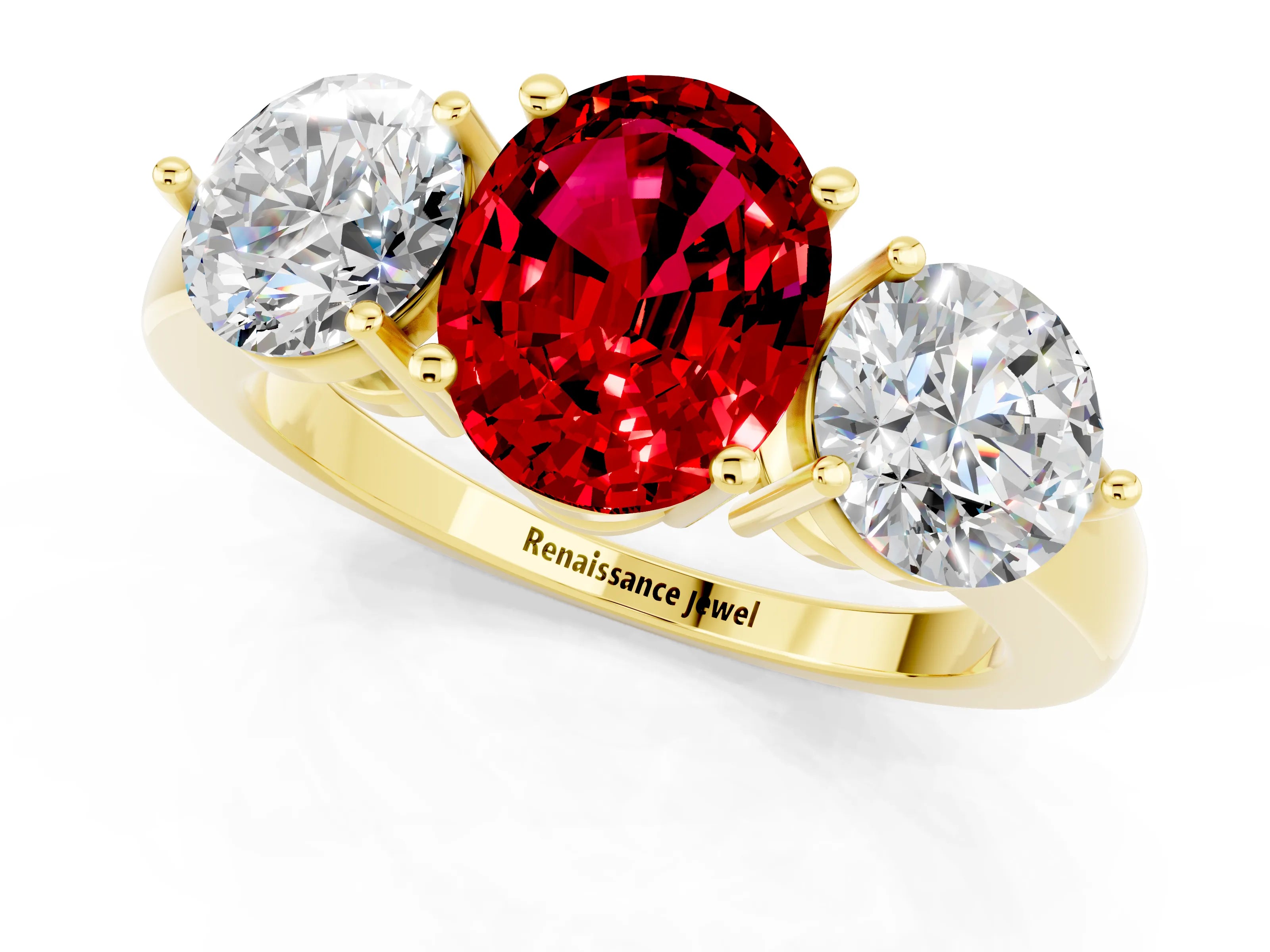 Yellow gold Oval Cut Ruby Three-Stone Ring with Prong Setting and Classic Band_1