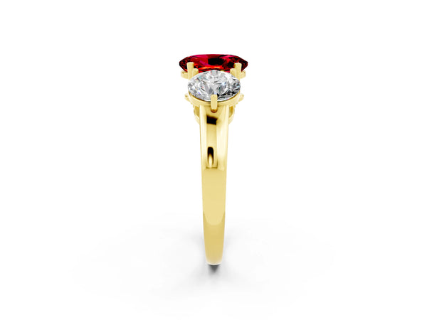 Yellow gold Oval Cut Ruby Three-Stone Ring with Prong Setting and Classic Band