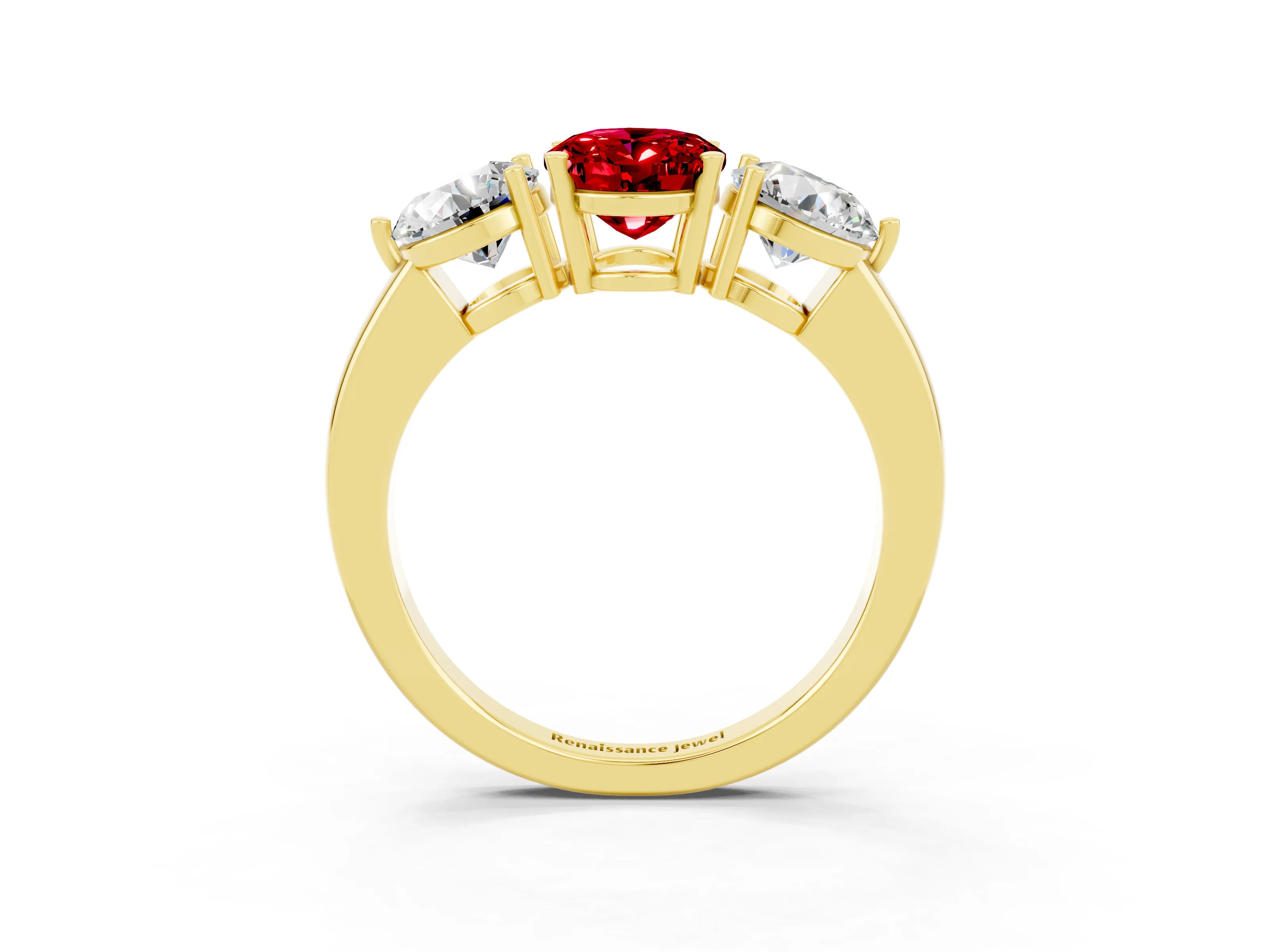 Yellow gold Oval Cut Ruby Three-Stone Ring with Prong Setting and Classic Band_3