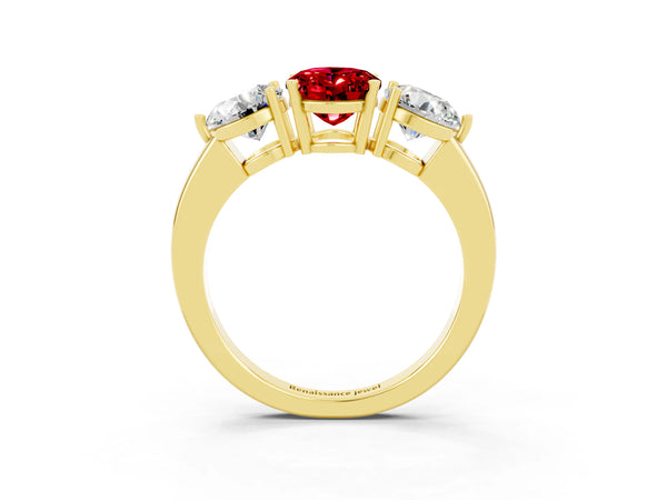 Yellow gold Oval Cut Ruby Three-Stone Ring with Prong Setting and Classic Band