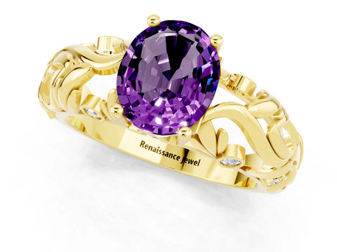 Yellow gold Oval Cut Solitaire Amethyst Leaf-Inspired Vine Band Ring with Prong Setting_1