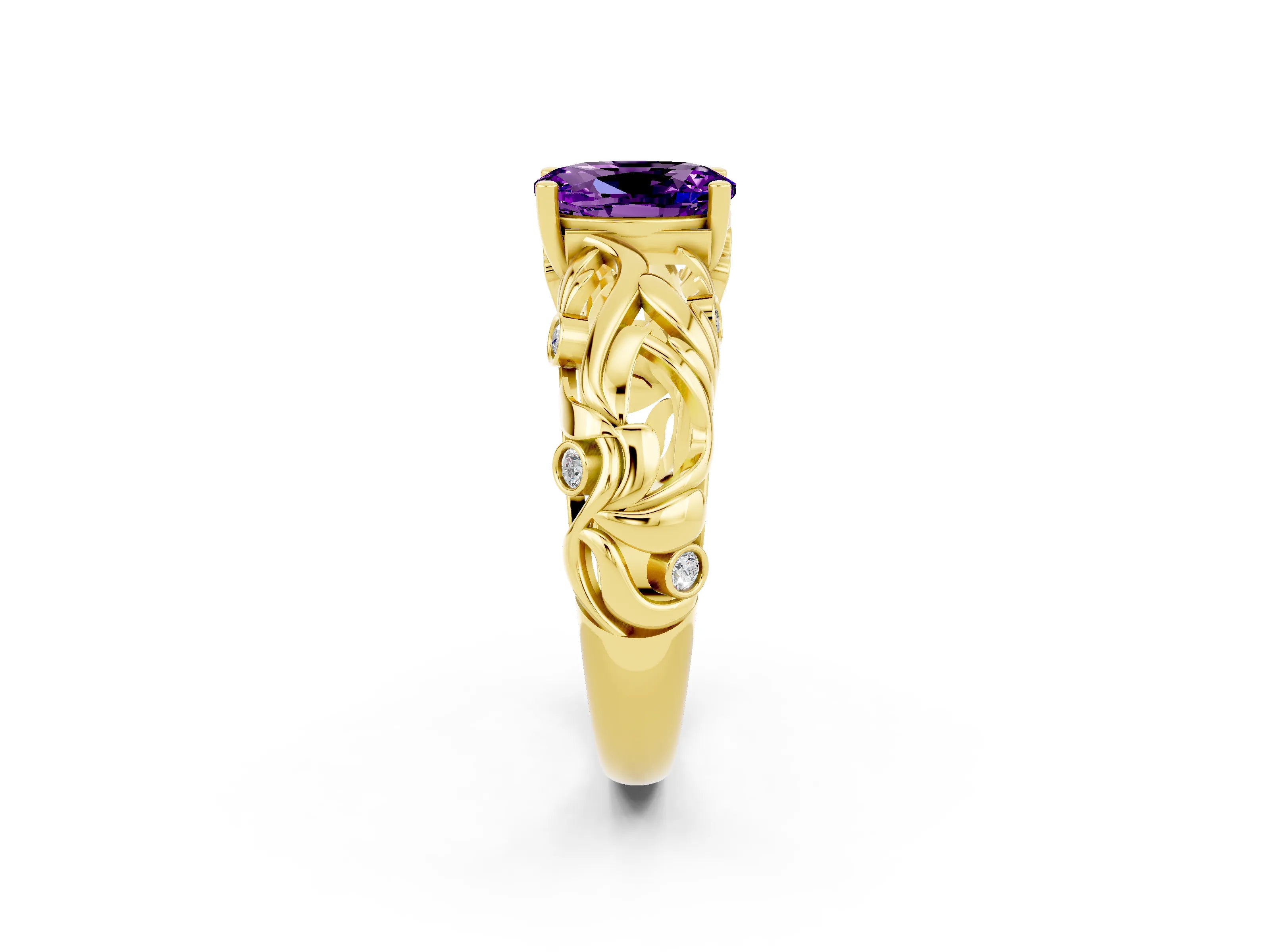Yellow gold Oval Cut Solitaire Amethyst Leaf-Inspired Vine Band Ring with Prong Setting_2