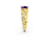 Yellow gold Oval Cut Solitaire Amethyst Leaf-Inspired Vine Band Ring with Prong Setting_2