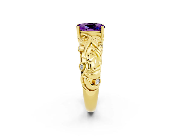 Yellow gold Oval Cut Solitaire Amethyst Leaf-Inspired Vine Band Ring with Prong Setting