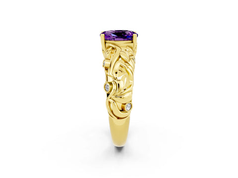 Yellow gold Oval Cut Solitaire Amethyst Leaf-Inspired Vine Band Ring with Prong Setting_2
