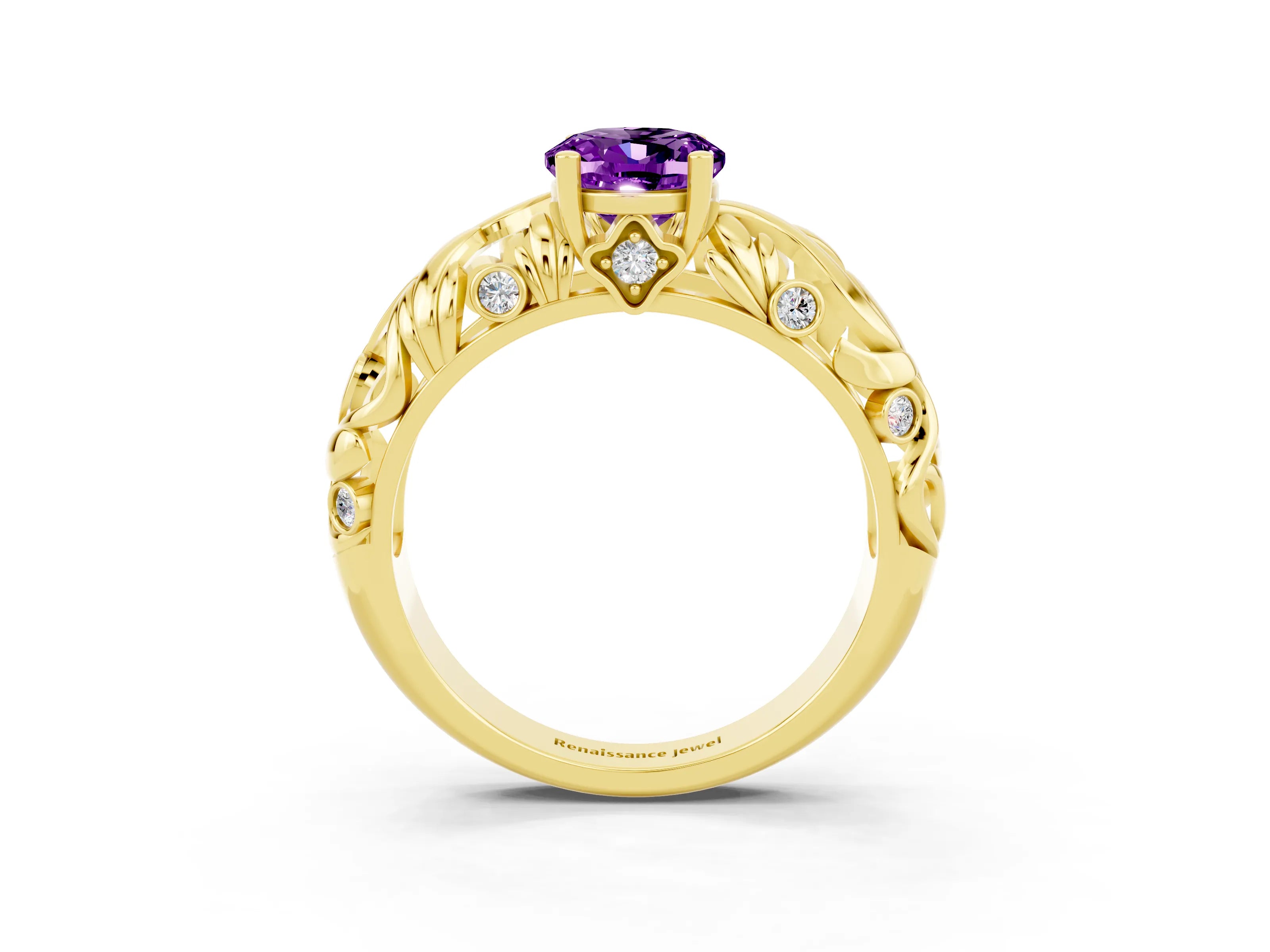 Yellow gold Oval Cut Solitaire Amethyst Leaf-Inspired Vine Band Ring with Prong Setting_3