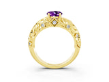 Yellow gold Oval Cut Solitaire Amethyst Leaf-Inspired Vine Band Ring with Prong Setting_3