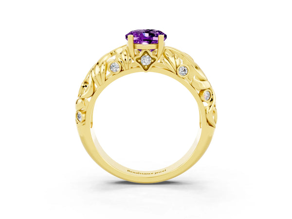 Yellow gold Oval Cut Solitaire Amethyst Leaf-Inspired Vine Band Ring with Prong Setting