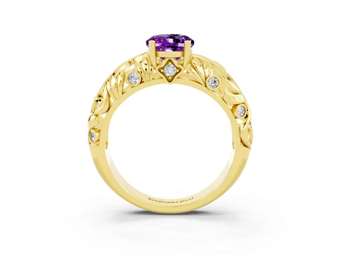 Yellow gold Oval Cut Solitaire Amethyst Leaf-Inspired Vine Band Ring with Prong Setting_3