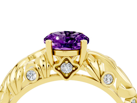 Yellow gold Oval Cut Solitaire Amethyst Leaf-Inspired Vine Band Ring with Prong Setting_4