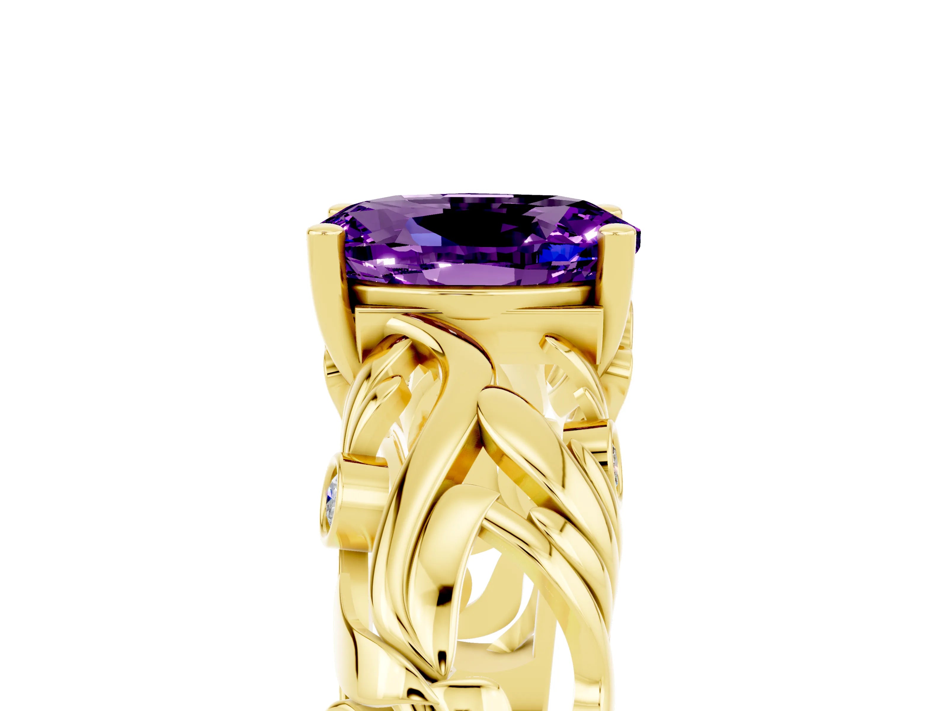 Yellow gold Oval Cut Solitaire Amethyst Leaf-Inspired Vine Band Ring with Prong Setting_5