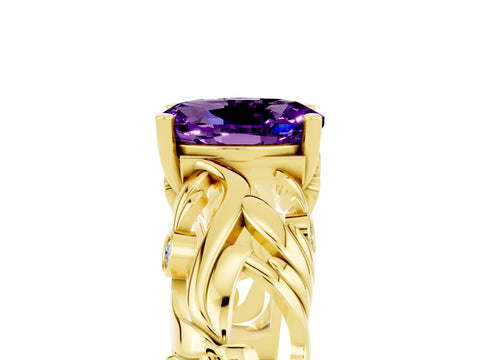 Yellow gold Oval Cut Solitaire Amethyst Leaf-Inspired Vine Band Ring with Prong Setting_5