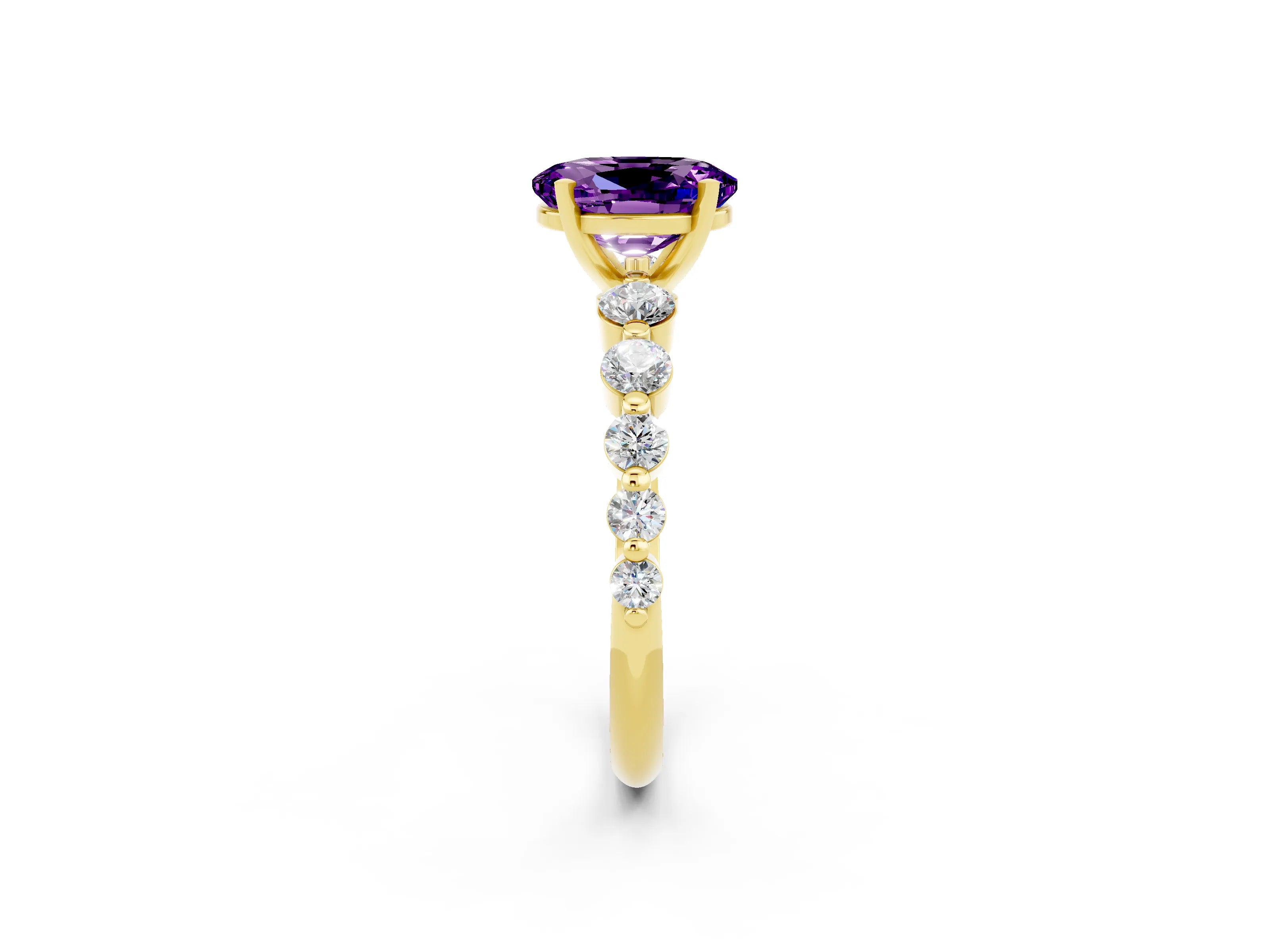 Yellow gold Oval Cut Solitaire Amethyst Ring with Pave Band and Four-Prong Setting_2
