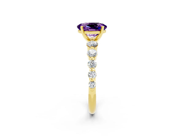 Yellow gold Oval Cut Solitaire Amethyst Ring with Pave Band and Four-Prong Setting