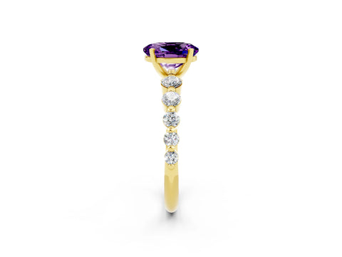 Yellow gold Oval Cut Solitaire Amethyst Ring with Pave Band and Four-Prong Setting_2