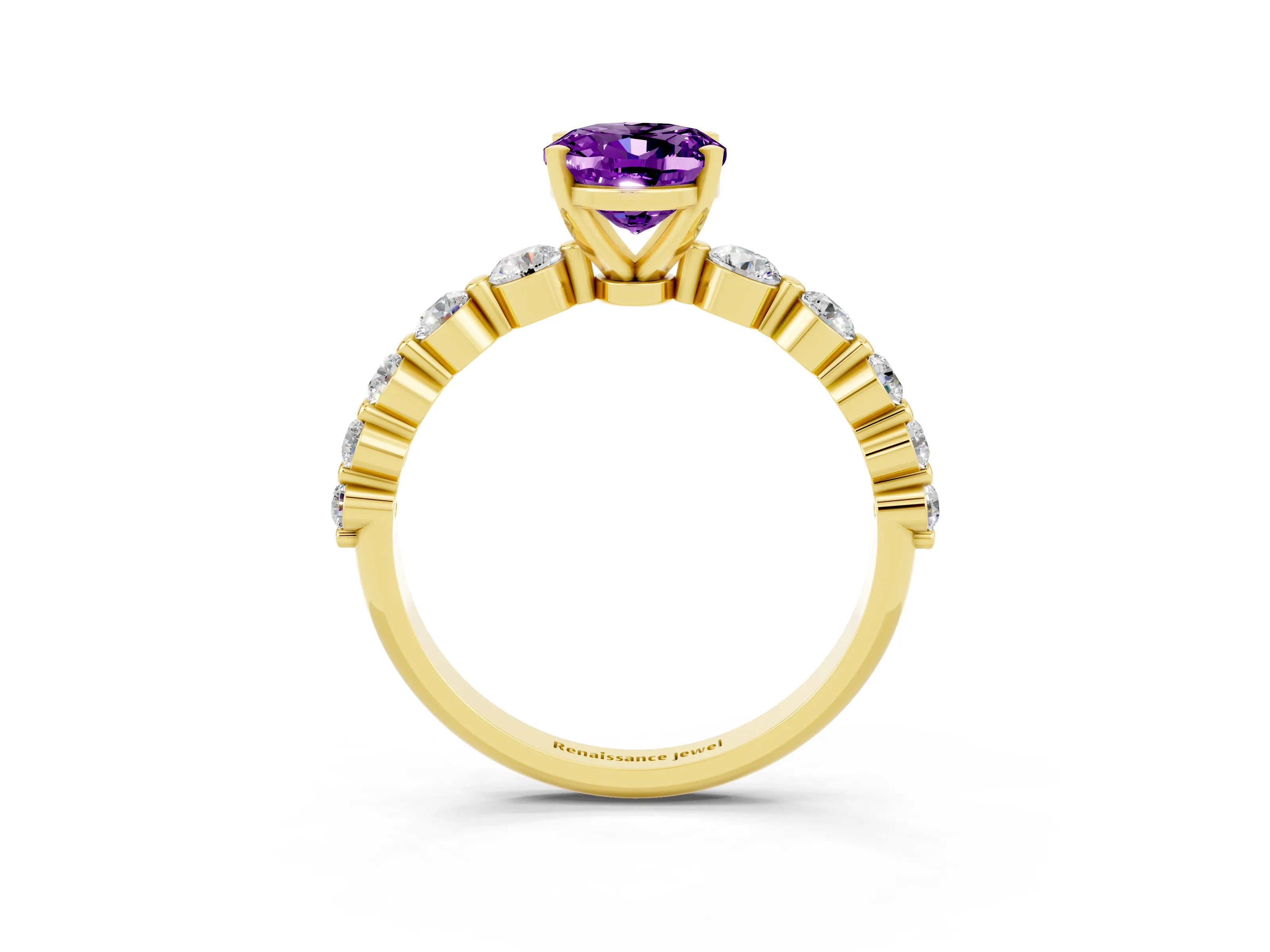 Yellow gold Oval Cut Solitaire Amethyst Ring with Pave Band and Four-Prong Setting_3