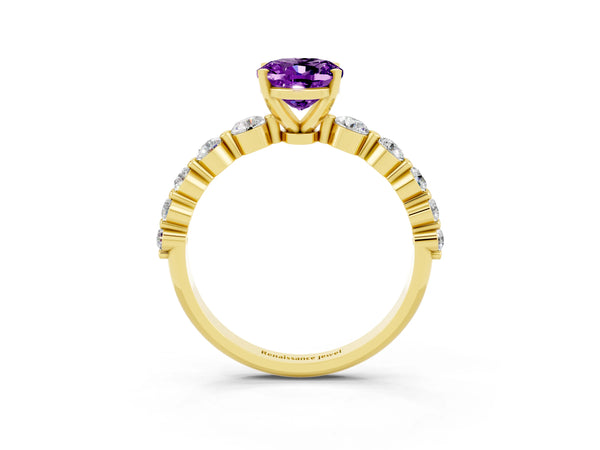 Yellow gold Oval Cut Solitaire Amethyst Ring with Pave Band and Four-Prong Setting