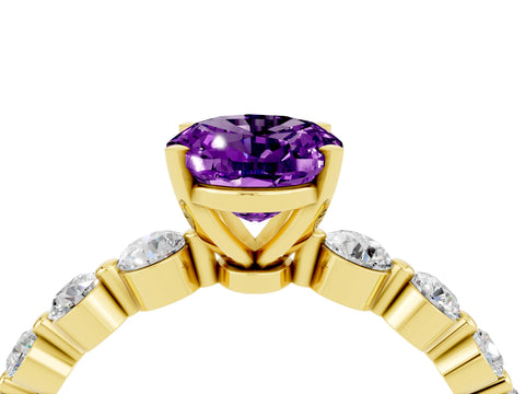 Yellow gold Oval Cut Solitaire Amethyst Ring with Pave Band and Four-Prong Setting_4