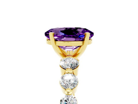 Yellow gold Oval Cut Solitaire Amethyst Ring with Pave Band and Four-Prong Setting_5