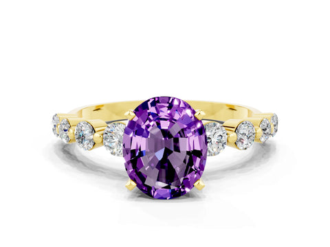 Yellow gold Oval Cut Solitaire Amethyst Ring with Pave Band and Four-Prong Setting