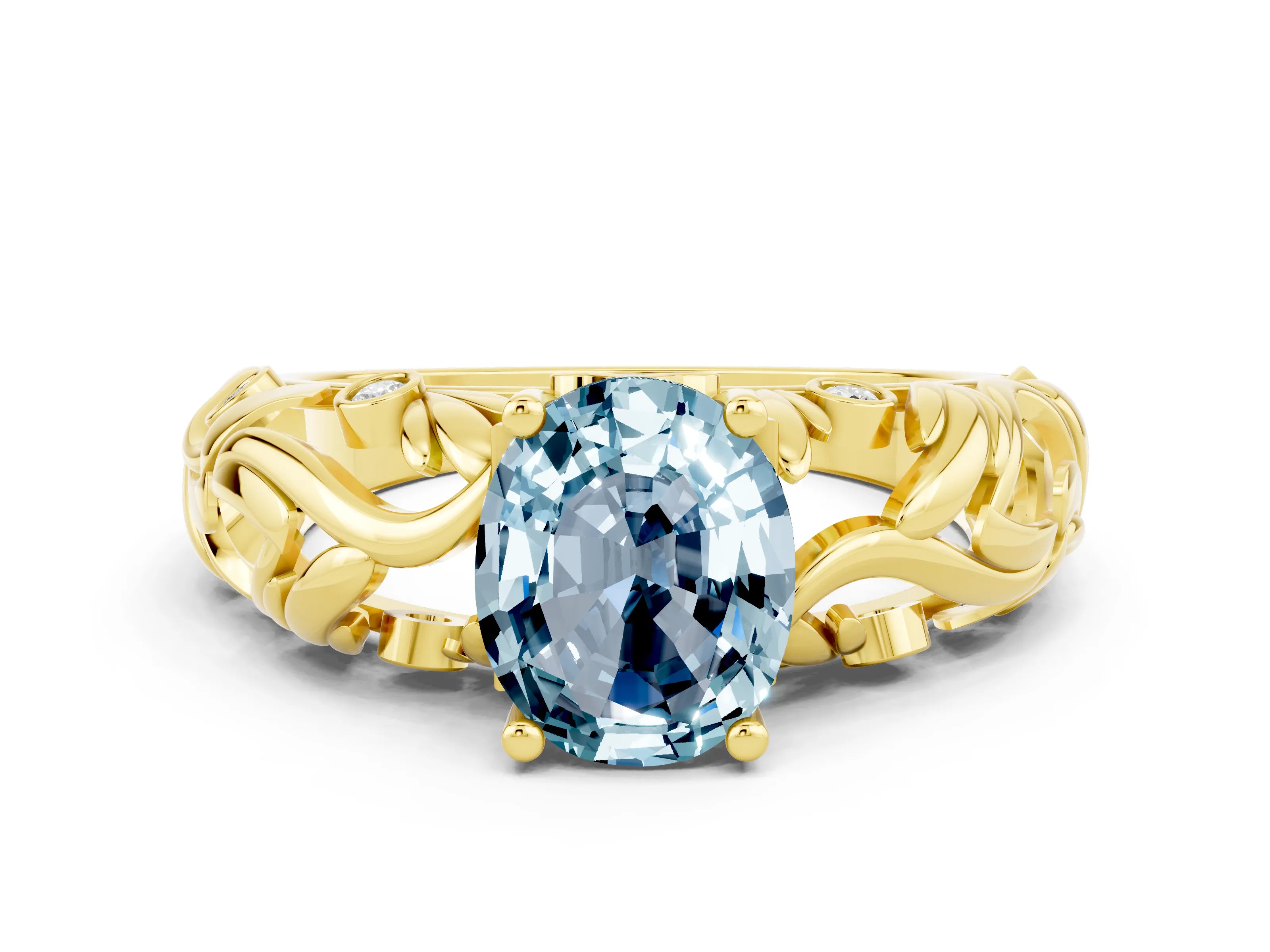 Yellow gold Oval Cut Solitaire Aquamarine Leaf-Inspired Vine Band Ring with Prong Setting