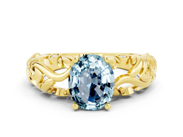 Yellow gold Oval Cut Solitaire Aquamarine Leaf-Inspired Vine Band Ring with Prong Setting