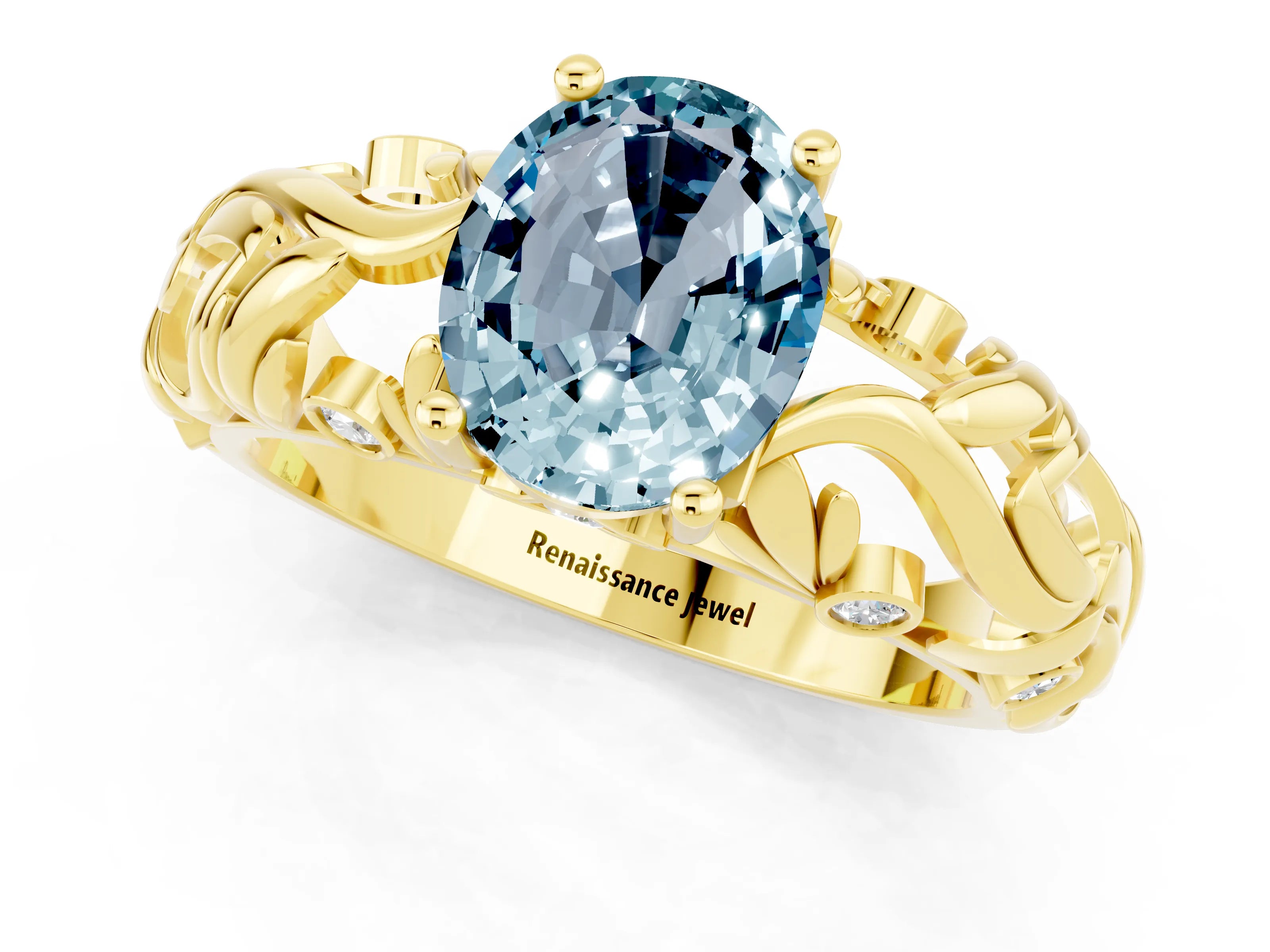 Yellow gold Oval Cut Solitaire Aquamarine Leaf-Inspired Vine Band Ring with Prong Setting_1