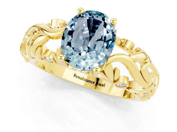 Yellow gold Oval Cut Solitaire Aquamarine Leaf-Inspired Vine Band Ring with Prong Setting