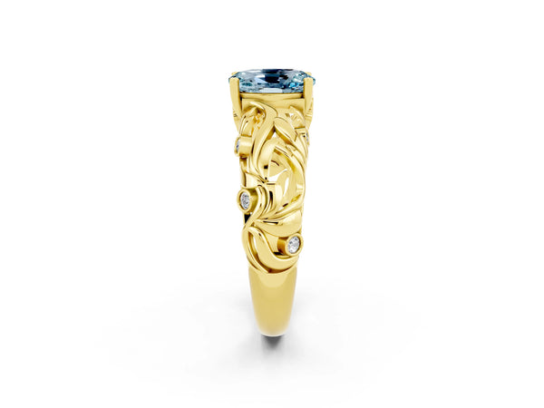 Yellow gold Oval Cut Solitaire Aquamarine Leaf-Inspired Vine Band Ring with Prong Setting