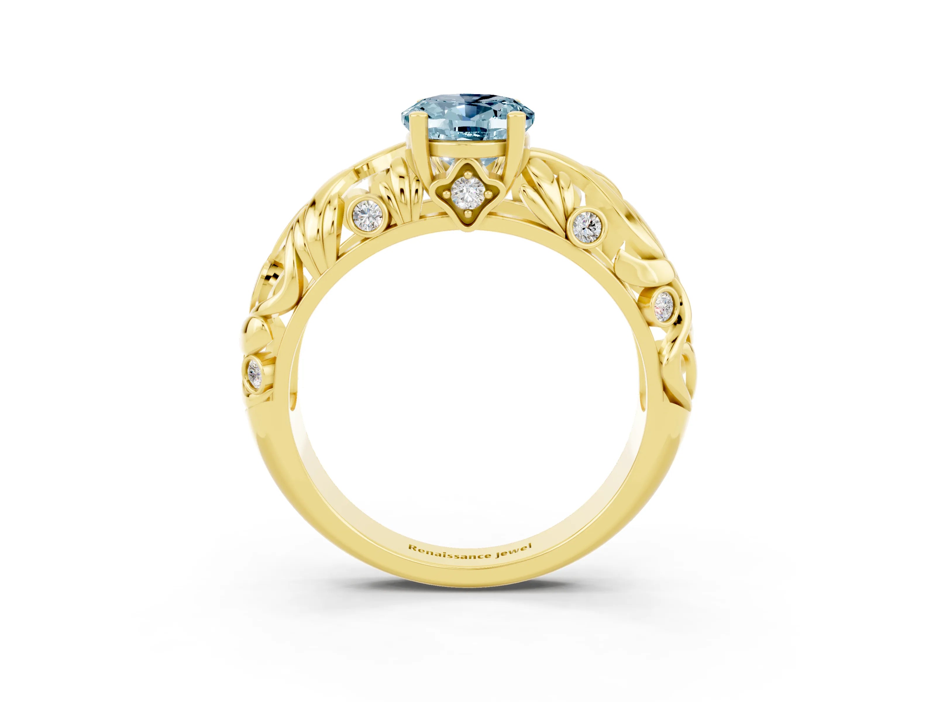 Yellow gold Oval Cut Solitaire Aquamarine Leaf-Inspired Vine Band Ring with Prong Setting_3