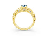 Yellow gold Oval Cut Solitaire Aquamarine Leaf-Inspired Vine Band Ring with Prong Setting_3