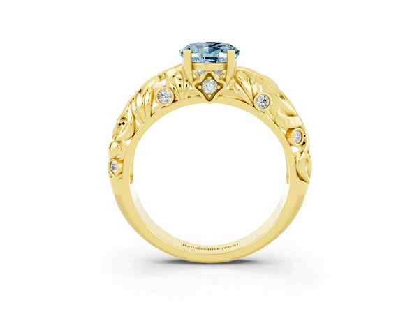 Yellow gold Oval Cut Solitaire Aquamarine Leaf-Inspired Vine Band Ring with Prong Setting