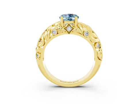 Yellow gold Oval Cut Solitaire Aquamarine Leaf-Inspired Vine Band Ring with Prong Setting_3