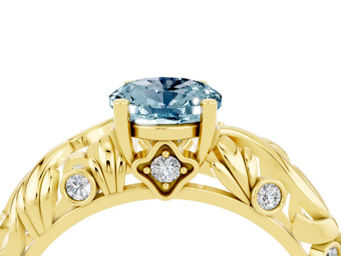 Yellow gold Oval Cut Solitaire Aquamarine Leaf-Inspired Vine Band Ring with Prong Setting_4