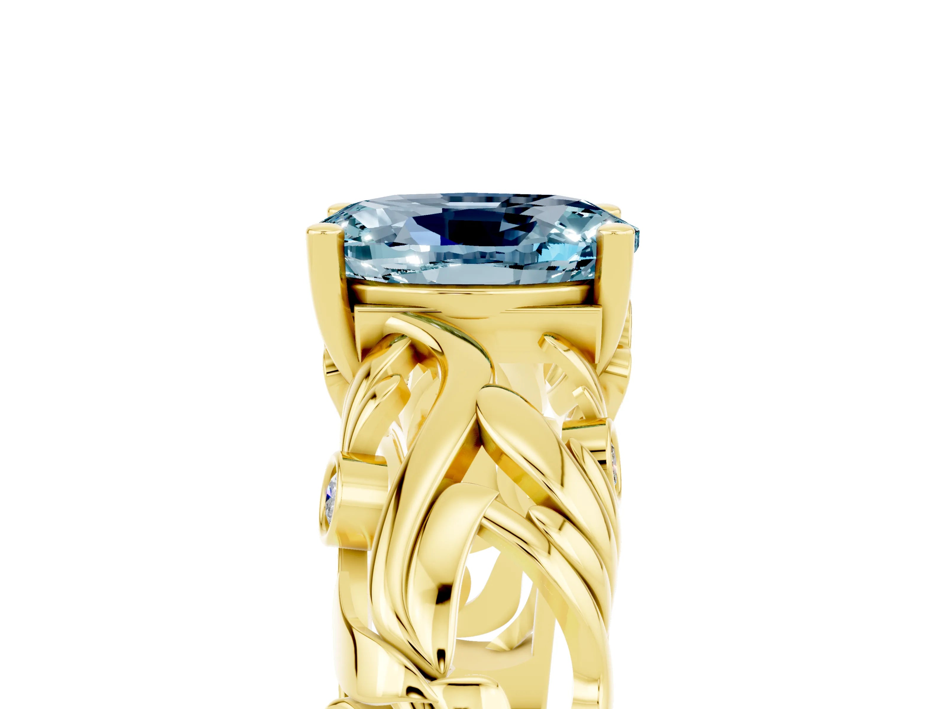 Yellow gold Oval Cut Solitaire Aquamarine Leaf-Inspired Vine Band Ring with Prong Setting_5