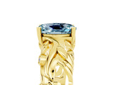 Yellow gold Oval Cut Solitaire Aquamarine Leaf-Inspired Vine Band Ring with Prong Setting_5