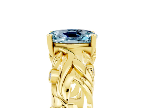 Yellow gold Oval Cut Solitaire Aquamarine Leaf-Inspired Vine Band Ring with Prong Setting_5