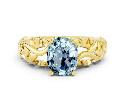Yellow gold Oval Cut Solitaire Aquamarine Leaf-Inspired Vine Band Ring with Prong Setting