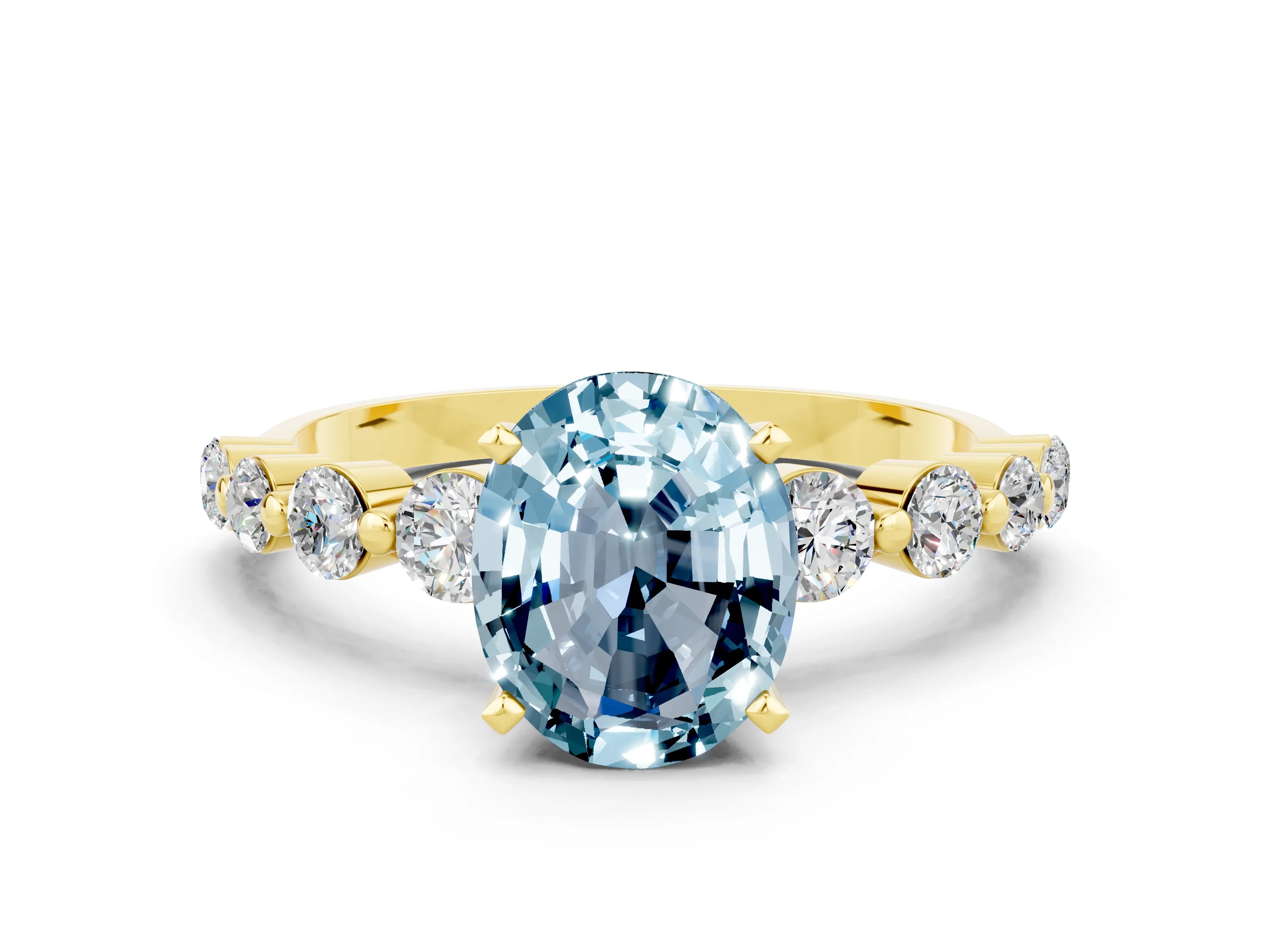 Yellow gold Oval Cut Solitaire Aquamarine Ring with Pave Band and Four-Prong Setting