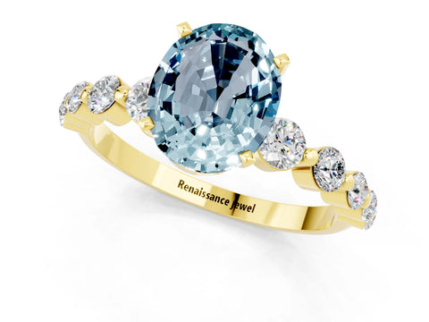 Yellow gold Oval Cut Solitaire Aquamarine Ring with Pave Band and Four-Prong Setting_1