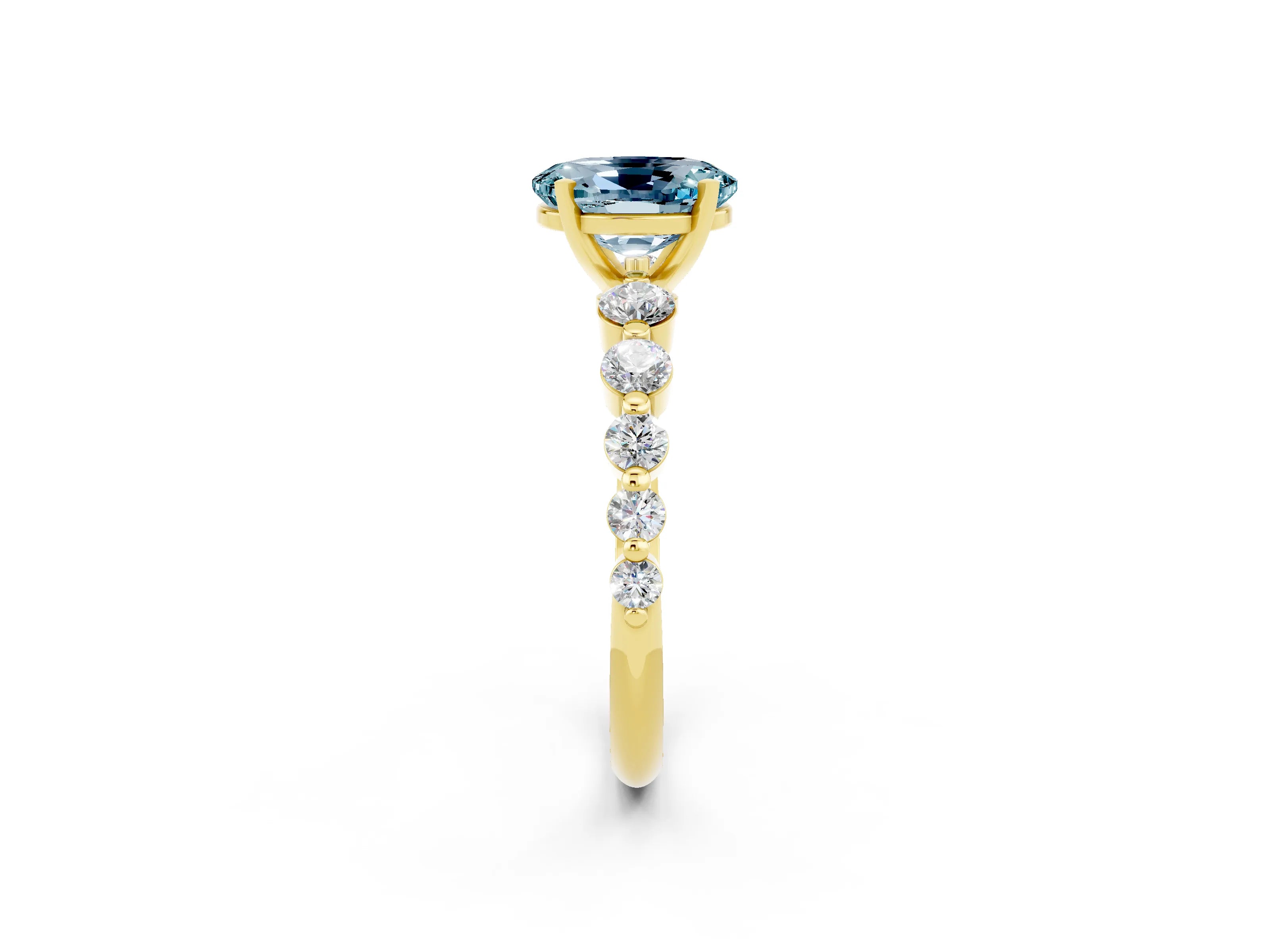 Yellow gold Oval Cut Solitaire Aquamarine Ring with Pave Band and Four-Prong Setting_2