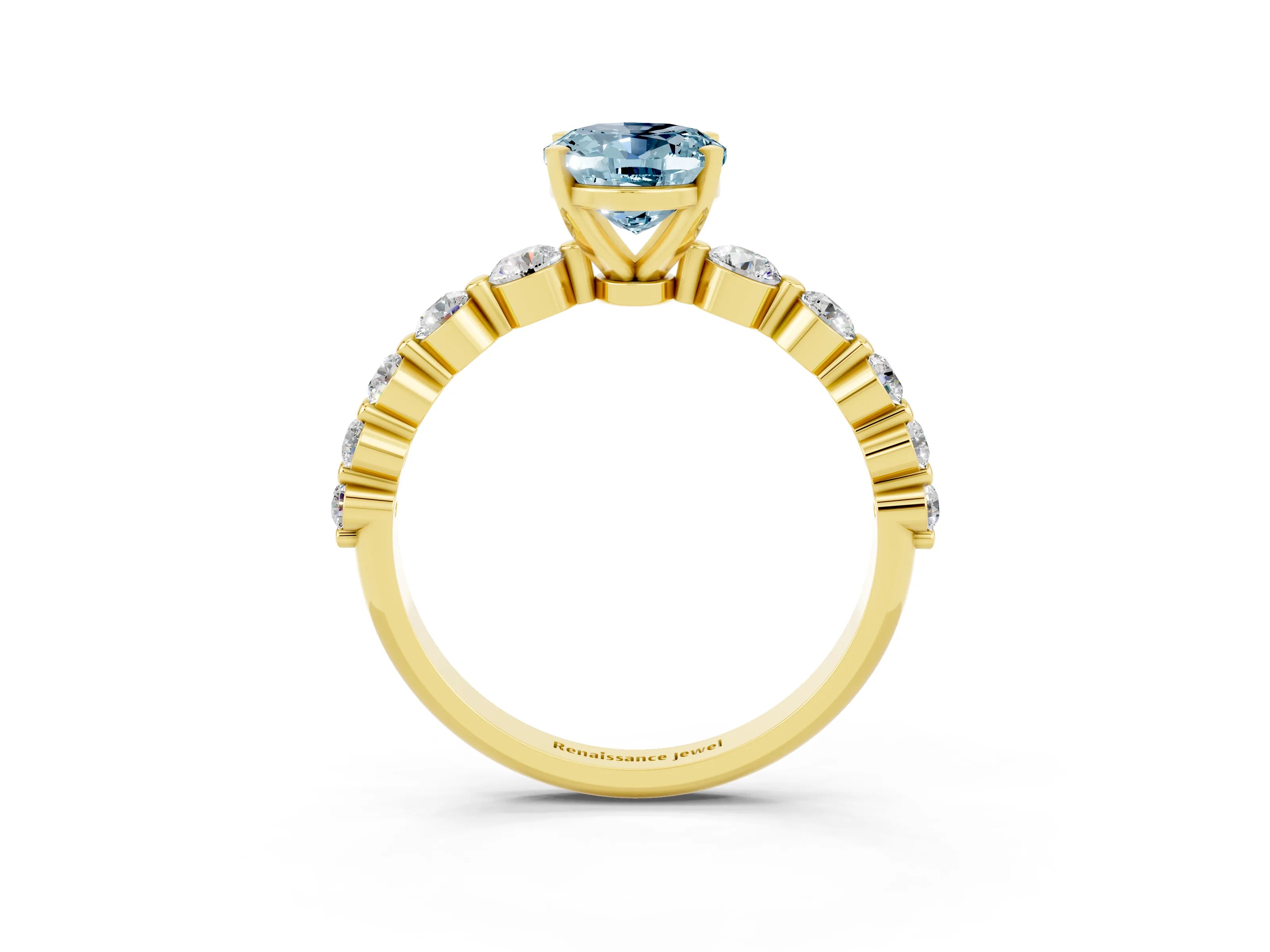 Yellow gold Oval Cut Solitaire Aquamarine Ring with Pave Band and Four-Prong Setting_3