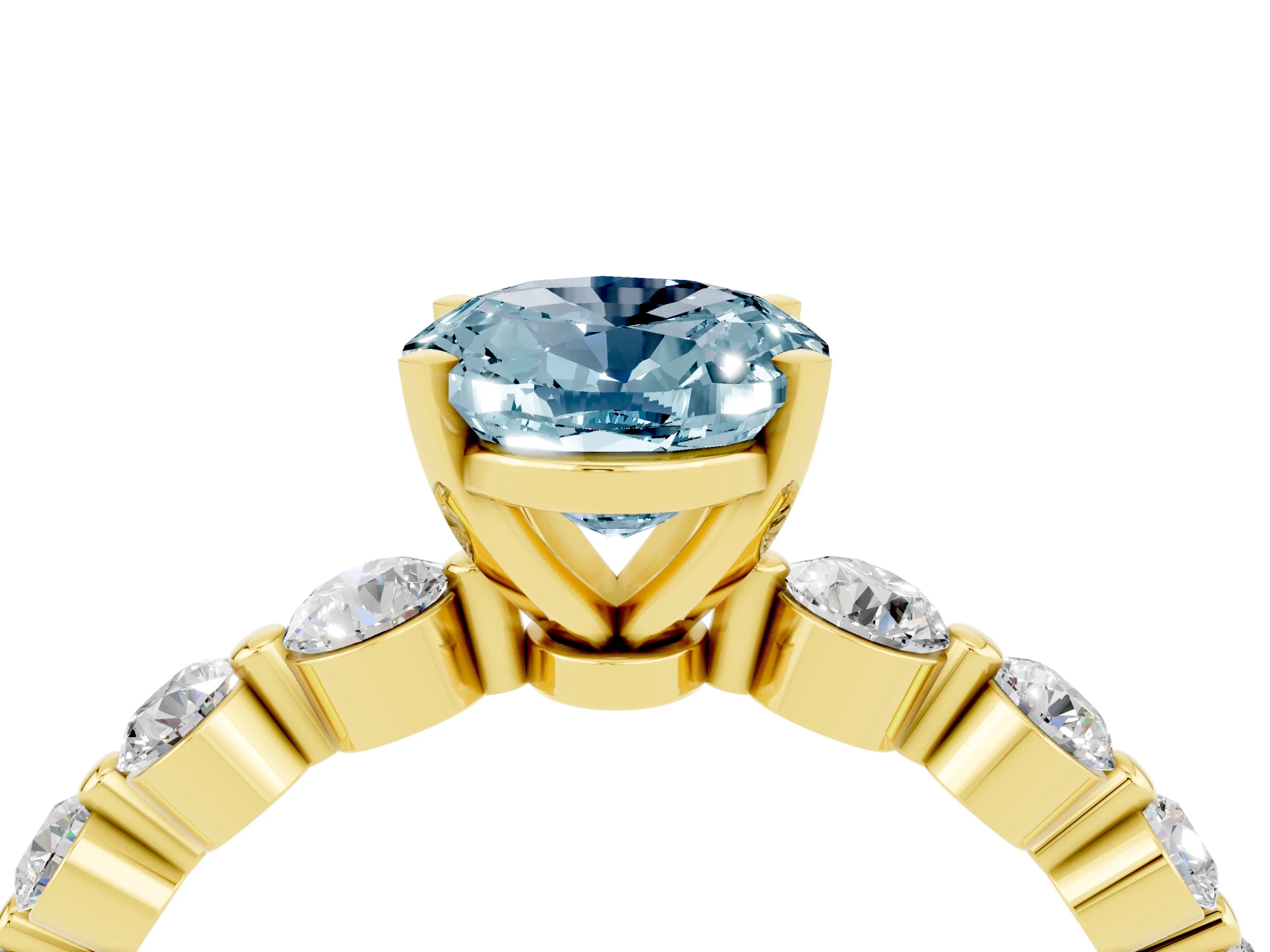 Yellow gold Oval Cut Solitaire Aquamarine Ring with Pave Band and Four-Prong Setting_4