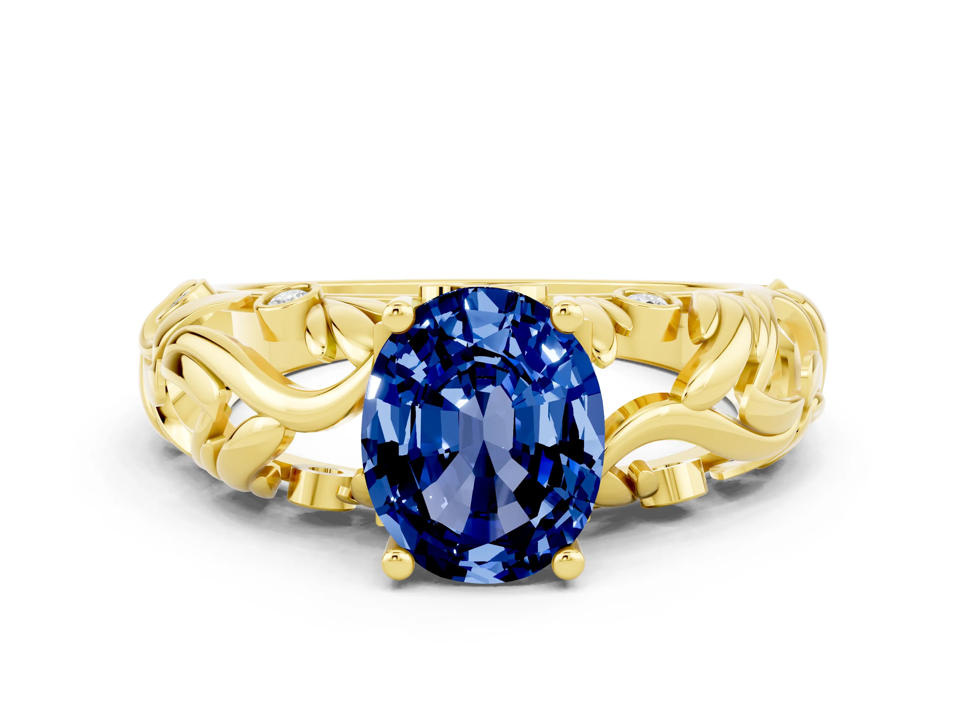 Yellow gold Oval Cut Solitaire Blue Sapphire Leaf-Inspired Vine Band Ring with Prong Setting