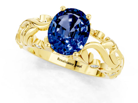 Yellow gold Oval Cut Solitaire Blue Sapphire Leaf-Inspired Vine Band Ring with Prong Setting_1