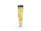 Yellow gold Oval Cut Solitaire Blue Sapphire Leaf-Inspired Vine Band Ring with Prong Setting_2
