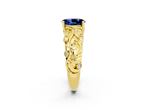 Yellow gold Oval Cut Solitaire Blue Sapphire Leaf-Inspired Vine Band Ring with Prong Setting_2